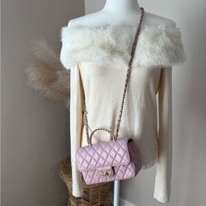 White House Black Market Cream Off-Shoulder Sweater with Pink Quilted Bag